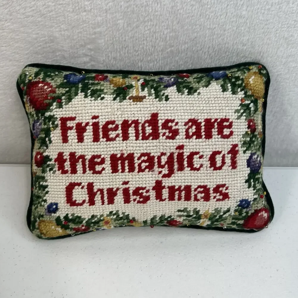 Vtg Merry Christmas Needlepoint Pillow Holiday Decor Green Velvet Bead‎ Detail